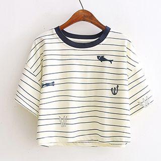 Printed Striped Cropped Short Sleeve T-shirt