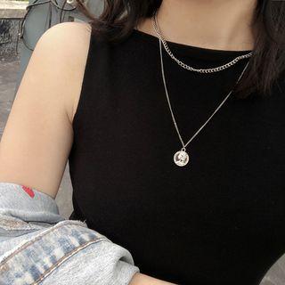 Alloy Coin Pendant Layered Choker Necklace Silver - One Size