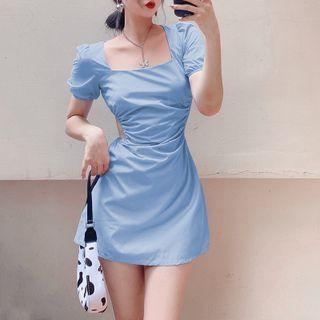 Short-sleeve Square Neck Cutout Mini A-line Dress