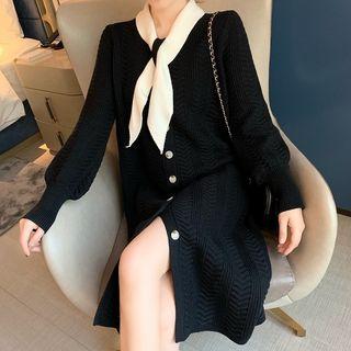 Tie-neck Button Midi Shift Sweater Dress Black - One Size