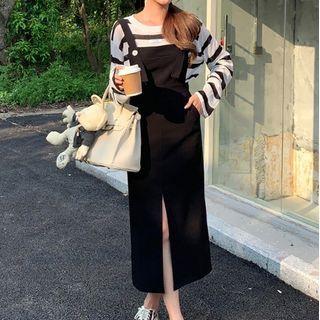 Set: Long-sleeve Striped T-shirt + Slit Midi Sheath Overall Dress
