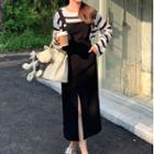 Set: Long-sleeve Striped T-shirt + Slit Midi Sheath Overall Dress