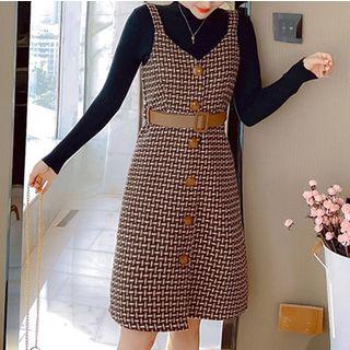 Set: Long-sleeve Plain Knit Top + Sleeveless Check Dress