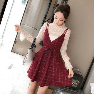 Set: Mock Neck Long-sleeve Lace Top + Spaghetti-strap Plaid Mini A-line Dress
