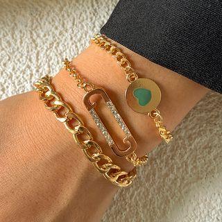 Set Of 3: Heart Alloy / Rhinestone / Chunky Alloy Bracelet