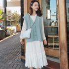 Set: Plain Long-sleeve Midi Dress + Knit Vest