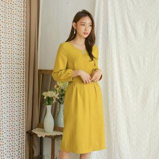 Hidden-button Belted Pleated Midi Shirtdress