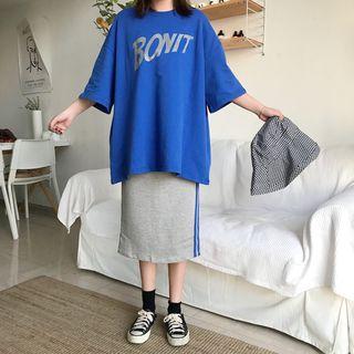 Set: Lettering Elbow-sleeve T-shirt + Striped Midi Skirt