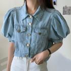 Puff-sleeve Denim Button Jacket Blue - One Size