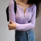 Plain Off-shoulder Zipper Knit Cardigan Purple - One Size