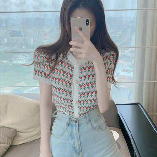 Pearl-button Flower Crop Knit Top As Shown In Figure - One Size
