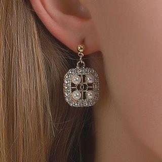 Square Faux Pearl Rhinestone Dangle Earring 01 - 1 Pair - Gold - One Size