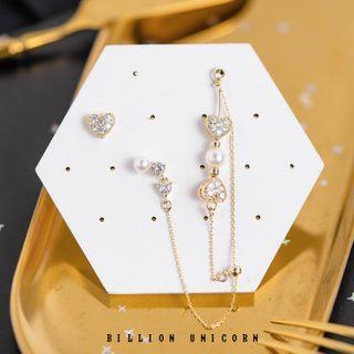 Non-matching Rhinestone Heart Faux Pearl Chained Earring