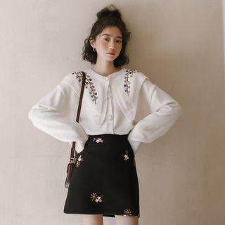Wide-collar Floral Embroidered Cardigan Off-white - One Size