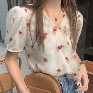 Puff-sleeve Rose Embroidered Mesh Top