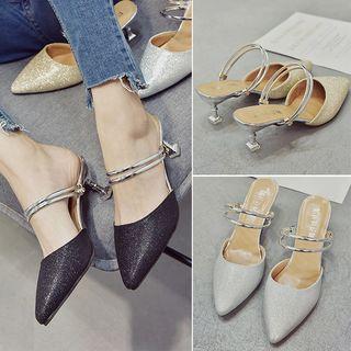 Kitten Heel Glitters Pointed Mules