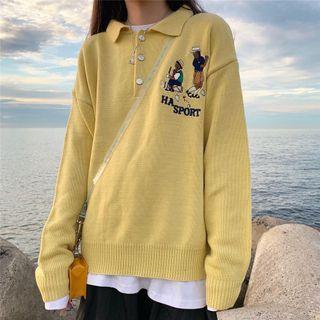 Cartoon Embroidered Polo Sweater