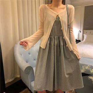 Sheer Cardigan / Spaghetti Strap Plaid Dress