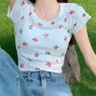 Short-sleeve Strawberry Print Ribbed Knit Top