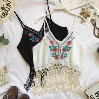 Tasseled Floral Embroidered Chiffon Camisole Top