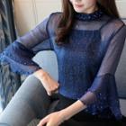 Beaded Mock Neck 3/4 Sleeve Blouse