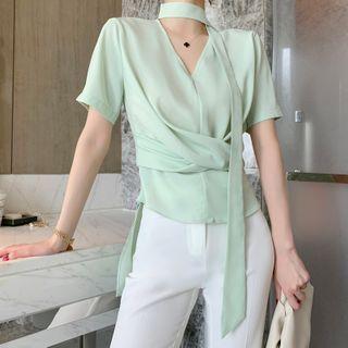 Short-sleeve Knot-front Chiffon Blouse
