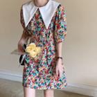Floral Print Collared Elbow-sleeve Mini A-line Dress Red - One Size