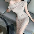 Cold-shoulder Plain Side-slit Dress