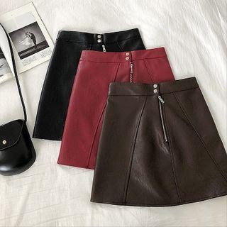 Plain Faux-leather Zip High-waist A-line Skirt