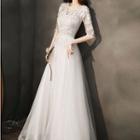 Short-sleeve Floral Applique A-line Gown