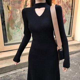 Long-sleeve Open Front Midi Knit Dress Black - One Size