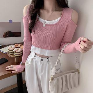 Long-sleeve Square-neck Off-shoulder Mock Two-piece Cropped Top