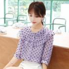 Elbow-sleeve Dotted Frill Trim Chiffon Blouse
