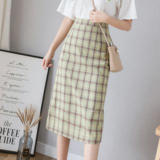 Slit-back Plaid Midi Straight-cut Skirt