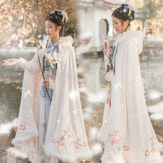 Embroidered Faux Fur Trim Hooded Cape White - One Size