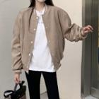 Lettering Embroidered Baseball Jacket Khaki - One Size