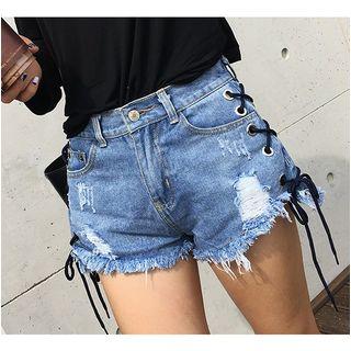 Lace Up Distressed Denim Shorts