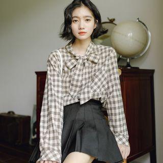 Tie-neck Plaid Shirt Plaid - Khaki - One Size