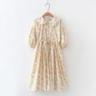 Puff-sleeve Floral Print A-line Dress Floral - Beige - One Size