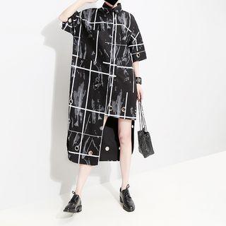 Elbow-sleeve Asymmetric Shift Dress Black - One Size