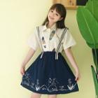 Suspender Embroidered Mini A-line Skirt Navy Blue - One Size