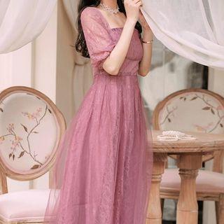Lace Mesh Short-sleeve Midi A-line Dress