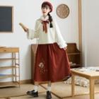 Set: Long-sleeve Fleece Trim Wrap Top + Embroidered Maxi A-line Skirt