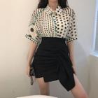 Short Sleeve Dot Print Chiffon Shirt / Fitted Mini Skirt