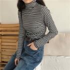 Long Sleeve Mock Neck Striped Knit Top As Shown In Figure - One Size