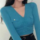 Plain V-neck Drawstring Long-sleeve Crop Top