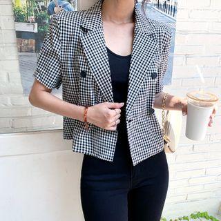 Puff-sleeve Gingham Cropped Blazer