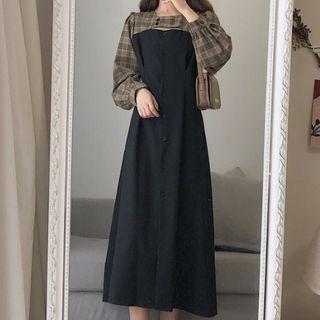 Plaid Panel A-line Midi Dress