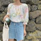 Flower Print Lace Up Elbow-sleeve Blouse As Shown In Figure - One Size