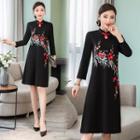 3/4-sleeve Embroidered Knit A-line Dress